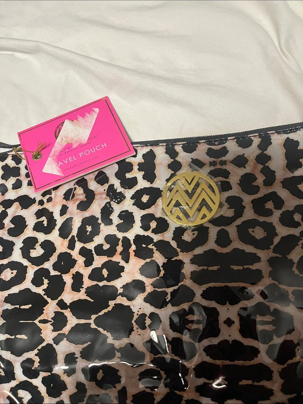 Pink Leopard Print Vinyl Cosmetic Pouch with Gold Logo